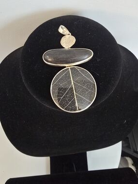 Sterling Silver Leaf Pendant Necklace in Black